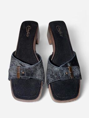 Candie's Black calf hair Slide Mules with Bronze Buckle